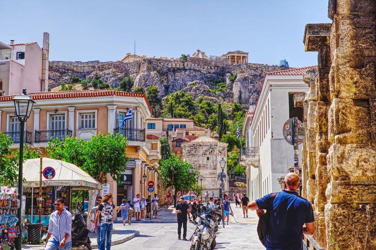 Monastiraki square looking up toward the Acropolis hill, Athens