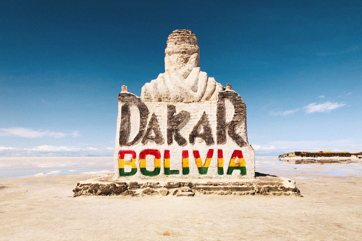 Dakar Rally monument built from salt on Salar de Uyuni